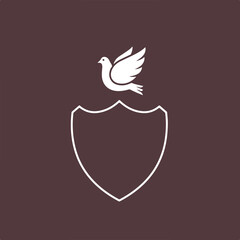 White dove perched above a shield-shaped emblem against a dark, smooth brown background
