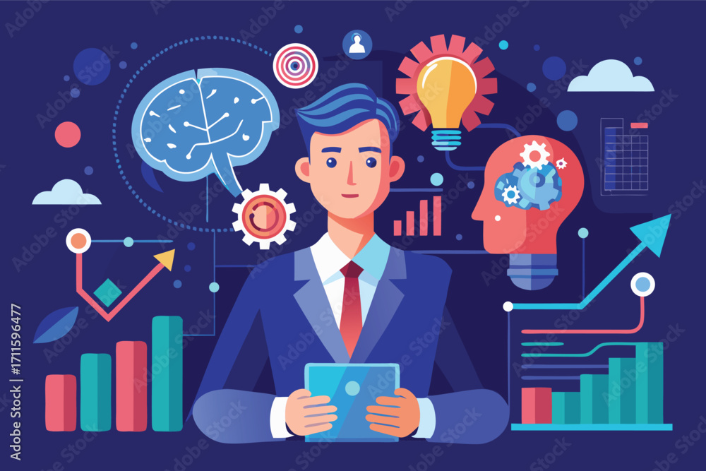 Aufkleber businessman analyzing data trends with digital technology and creative graphics for decision making