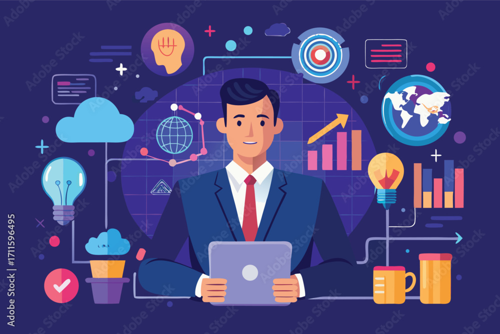 Poster businessman analyzing data with charts and graphics in a creative workspace