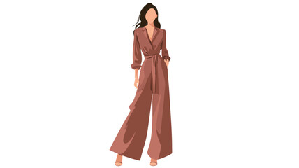 The image is a vector illustration depicting a full-length view of a stylized woman. She is wearing a terracotta or rust-colored wide-leg jumpsuit with long sleeves and a self-belt.