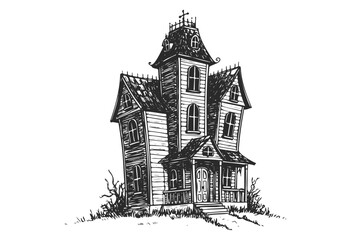 Fototapeta premium Vintage haunted house illustration with gabled roof and gothic windows - stock vector