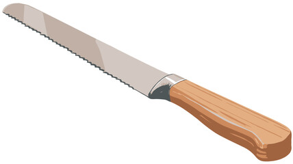 A digital illustration of a bread knife. The knife has a long, silver-colored, serrated blade and a light brown wooden handle with a metallic band separating the blade and handle. 