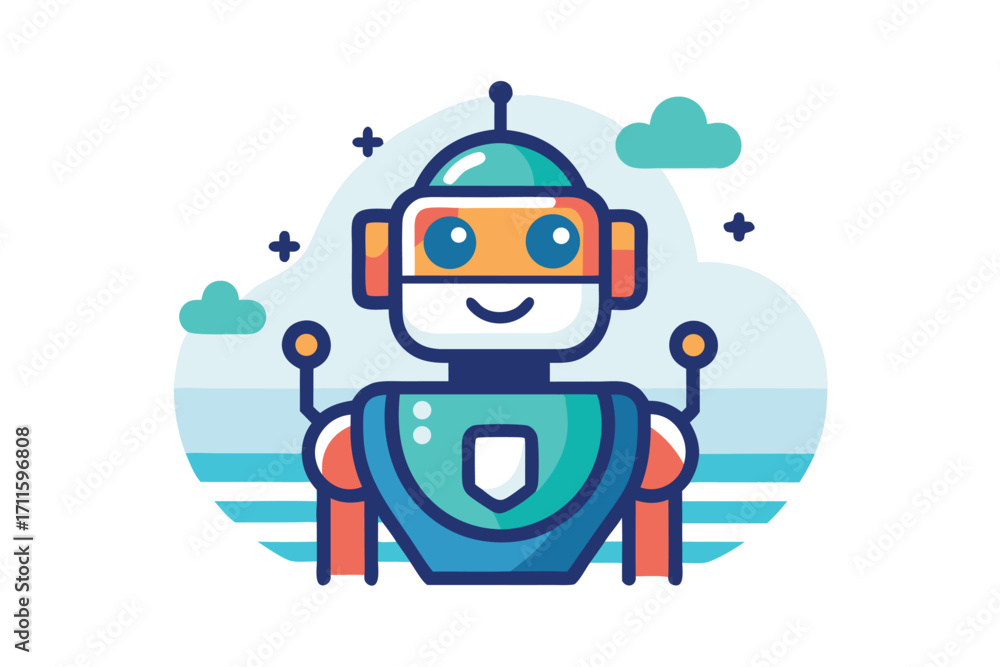 Poster friendly robot standing by the sea with a clear sky and soft clouds in the background during the day