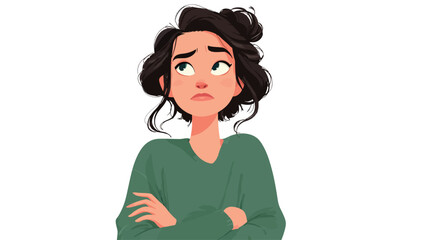 A digital illustration of a young woman with dark brown hair in a messy bun. She is wearing a green sweater and has her arms crossed. Her facial expression is pensive and worried