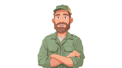 A digital illustration of a cartoon man with a beard and mustache. He is wearing a green jacket and a green cap. His arms are crossed over his chest. He has a friendly expression on his face and