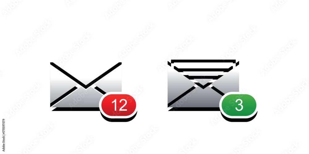 Aufkleber two email icons with notification bubbles indicating unread messages on a white background view