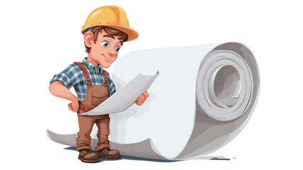 The image is a cartoon illustration featuring a smiling construction worker wearing a yellow hard hat and overalls. He is examining a blueprint, which is partially unrolled from a large roll of