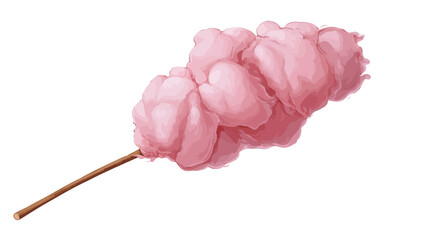 A close-up studio shot of a pink cotton candy on a brown wooden stick against a white background. The cotton candy is fluffy and appears light and airy. The lighting is even, showcasing the texture