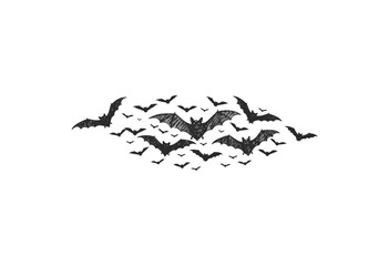 Illustration of a large flock of flying bats in different sizes on a - stock vector