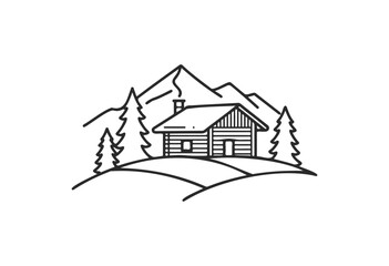 Rustic cabin in mountain landscape with pine trees line art illustration - stock vector