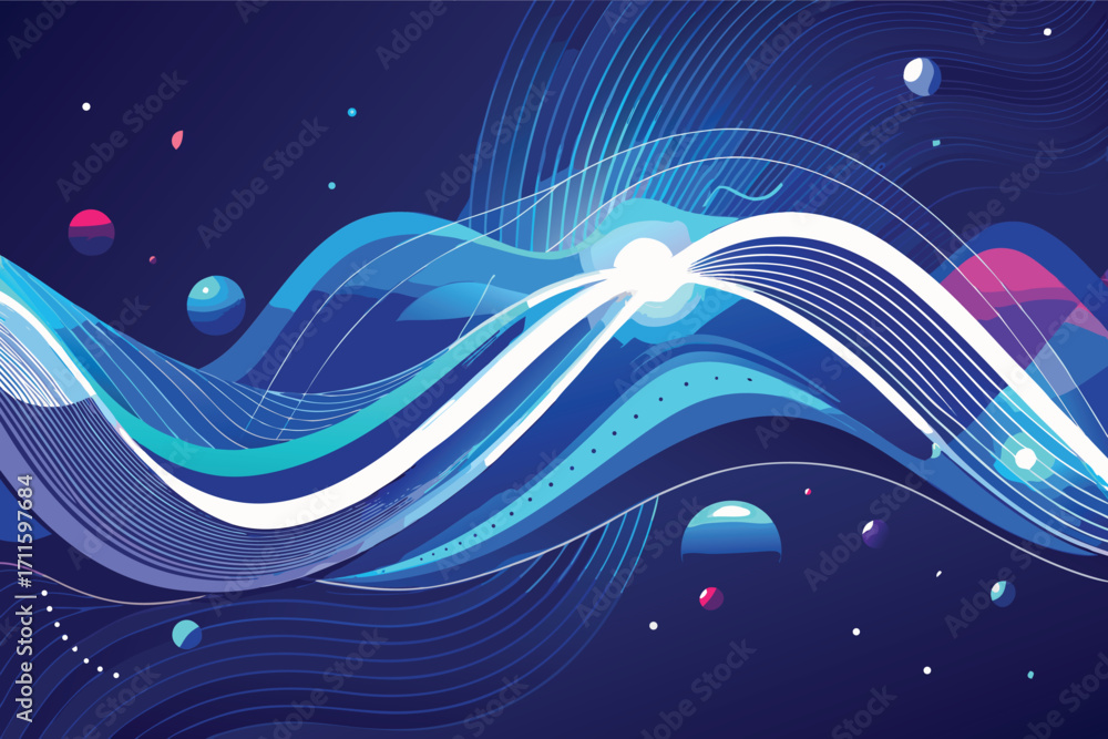 Poster bright blue and white wave design with floating shapes in a cosmic background
