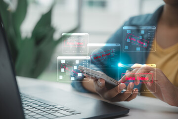 Person holding a smartphone with holographic fake news alerts. Concept of digital misinformation, mobile deception, online disinformation, and media literacy in modern technology.