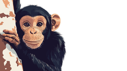 A digital illustration of a young chimpanzee peeking from behind a tree trunk. The chimpanzee is in sharp focus, with a soft, slightly cartoonish style.  The background is a plain white,