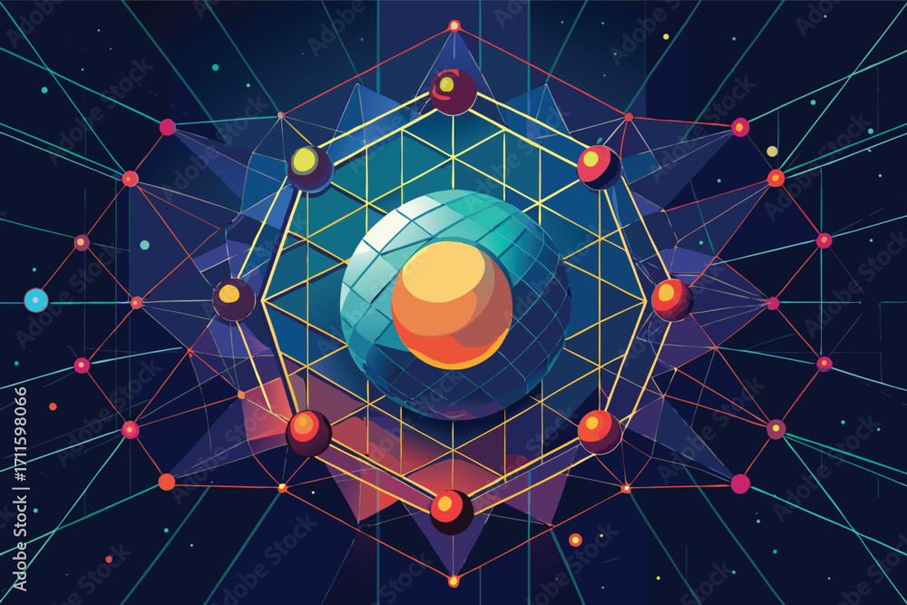 Poster vibrant geometric illustration depicting a central sphere surrounded by a network of colorful points