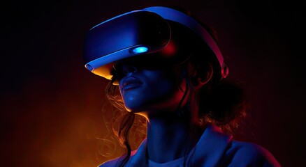 Woman wearing a virtual reality headset in a dark room with neon lights.