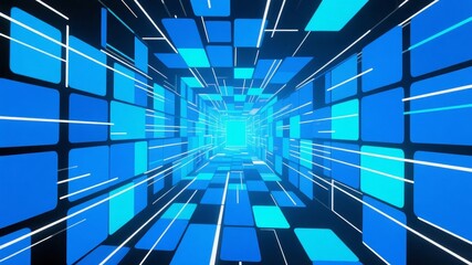 Obraz premium Abstract blue digital tunnel with glowing squares and light streaks creating a futuristic corridor effect