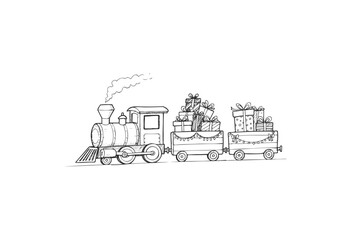 Vintage steam train carrying festive wrapped gifts in black and white holiday sketch - stock vector