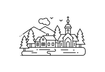 Scenic mountain village with church surrounded by trees and mountains - stock vector