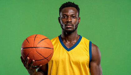 Serious basketball player holds ball against green backdrop.