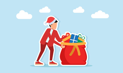 Man in red outfit with Christmas hat lifting a red sack full of gifts illustration of appreciation for Christmas celebration