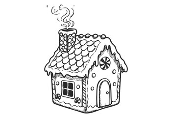 Cozy gingerbread house sketch with chimney and candy details - stock vector