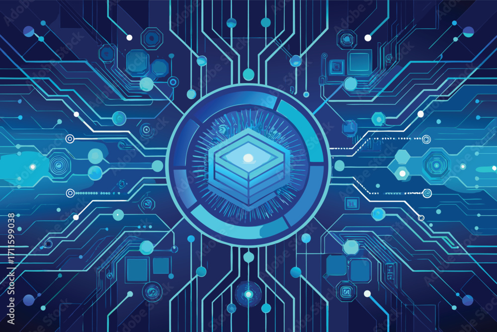 Poster abstract design featuring blue digital circuit patterns with a central glowing technology symbol