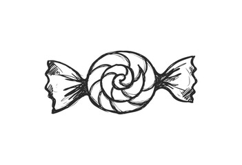 Obraz premium Hand-drawn swirled candy with wrapper in black and white sketch style - stock vector