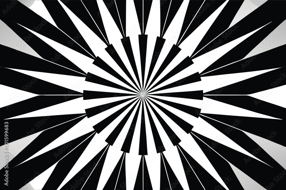 Poster black and white geometric pattern with dynamic radial lines creating a vibrant design
