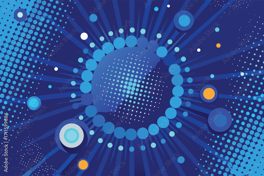 Poster colorful abstract design featuring circles and patterns in blue tones with dynamic visual elements