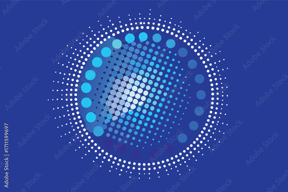 Poster blue circular design with dots creating a vibrant pattern on a solid background