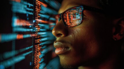 Focused developer examines coding on a large screen in a dimly lit high tech environment