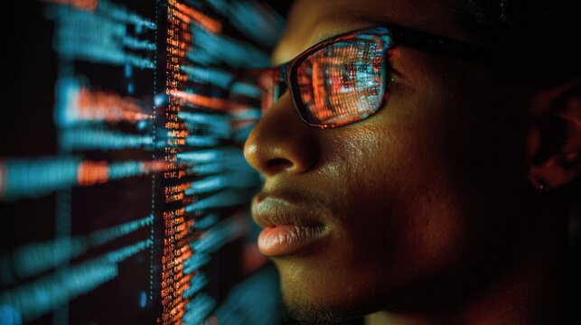 Focused developer examines coding on a large screen in a dimly lit high tech environment