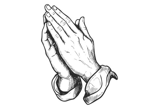 Detailed black and white sketch of praying hands symbolizing faith and devotion - stock vector