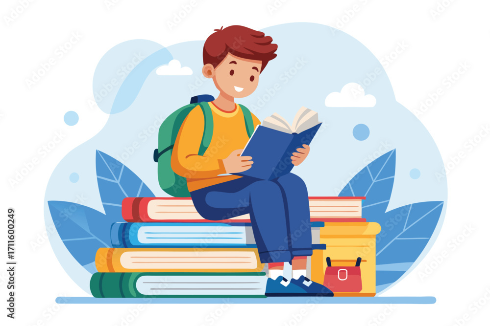 Poster young boy reading a book while sitting on a stack of colorful books in a bright and cheerful setting