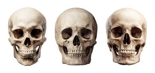 Three human skulls isolated on transparent background