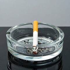 A cigarette butt in a glass ashtray