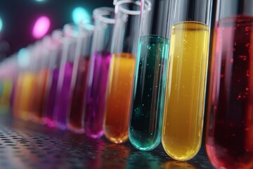Glass test tubes filled with colorful bubbling liquid substances are displayed in a laboratory setting, suggesting scientific experimentation and research