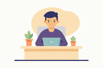 Young man working on laptop at desk with plants in simple office setting during daytime