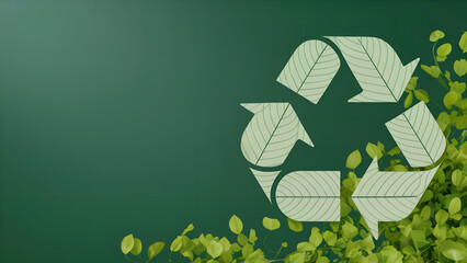 Green background features a paper texture recycle symbol with organic leaves; ideal for sustainable branding and environmental campaigns.