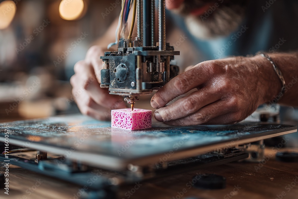 Poster designer carefully using 3d printer, creating pink prototype in modern workshop