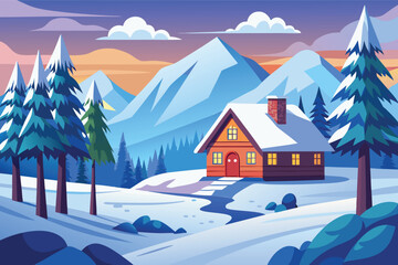 Fototapeta premium Winter landscape with a cozy cabin surrounded by snow-covered mountains and evergreen trees at sunset