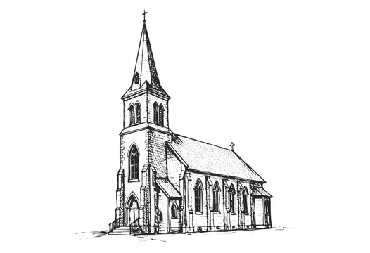 Sketch of a historic gothic church with tall steeple and stained glass windows - stock vector