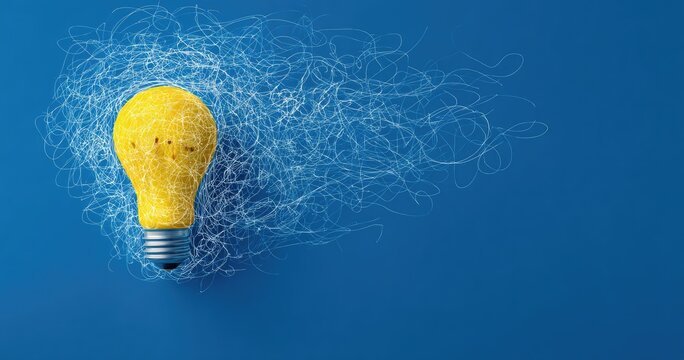 Creative Idea Concept with Tangled Yellow Lightbulb on Blue Background.