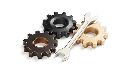 Three gears of different colors with a silver wrench placed on a white background in a studio shot