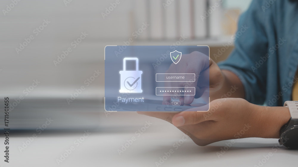 Poster Secure online payment concept with user login interface on smartphone screen. Safe digital transaction, password protection, and financial cybersecurity technology.