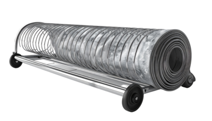 Rolled-up mat on a metal stand