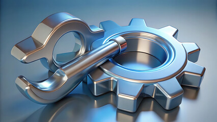 A close up of a silver wrench and gear on a shiny surface with blue lighting and reflections