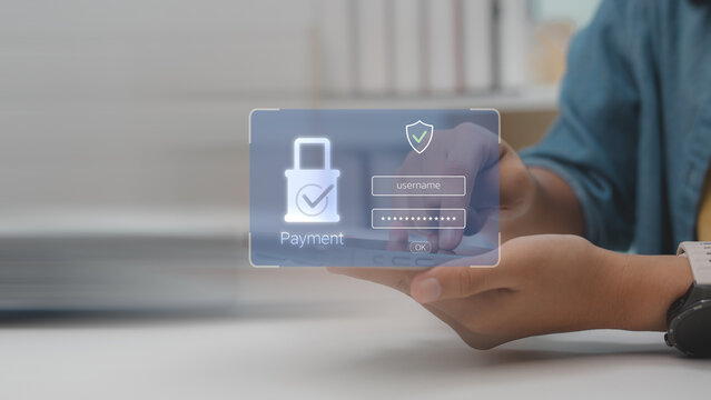 Secure online payment concept with user login interface on smartphone screen. Safe digital transaction, password protection, and financial cybersecurity technology.