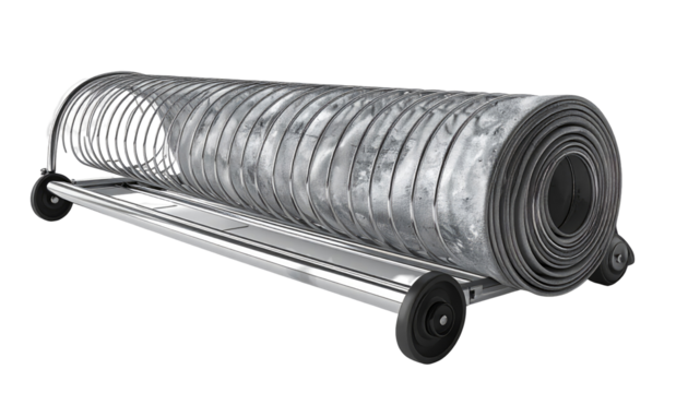 Rolled-up mat on a metal stand