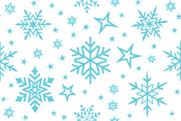 Snowflakes and stars in a bright blue pattern on a white background for winter decoration and design